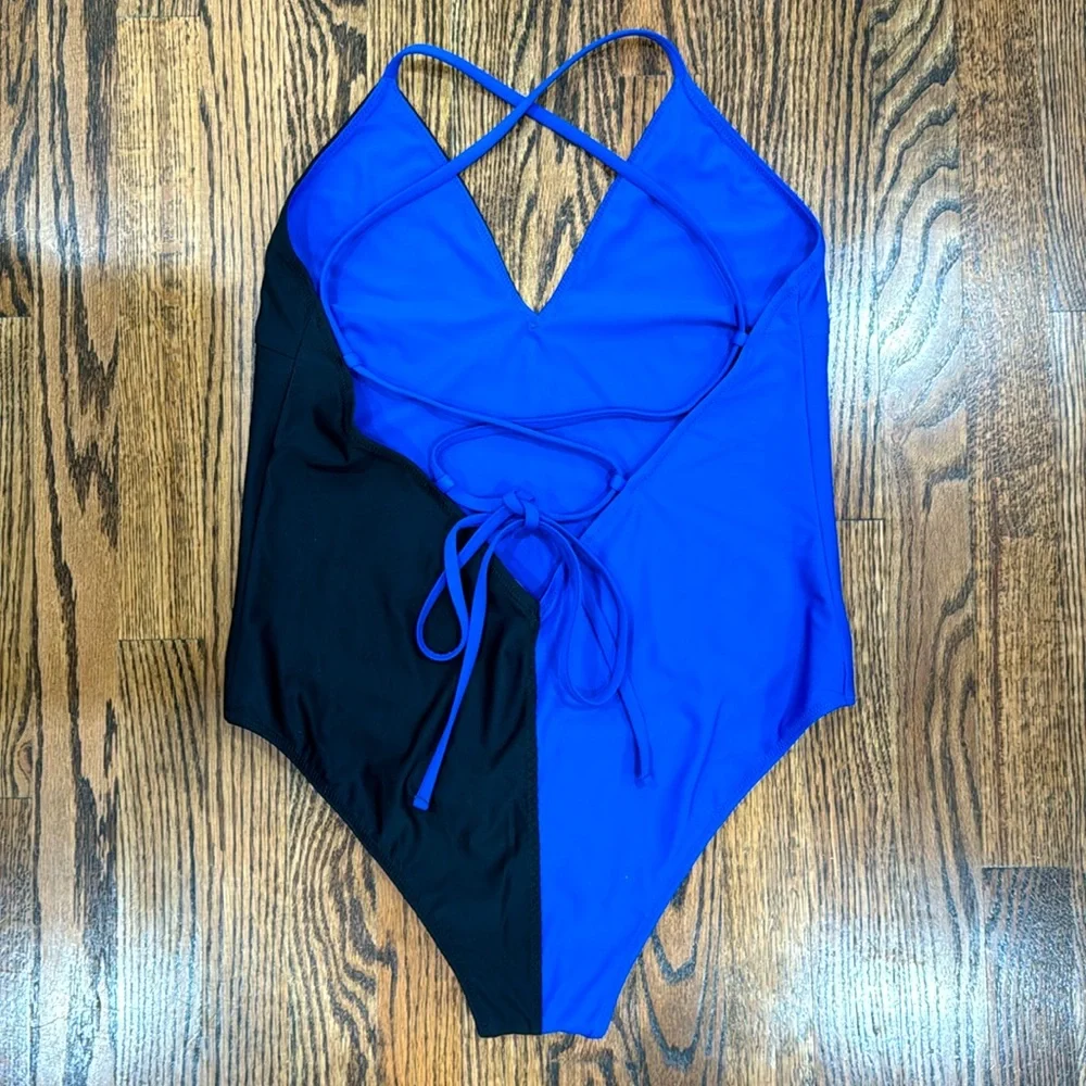 NWT ANSEA THE REVERSIBLE TIE BACK ONE PIECE IN BLACK AND BLUE - Picture 3 of 9
